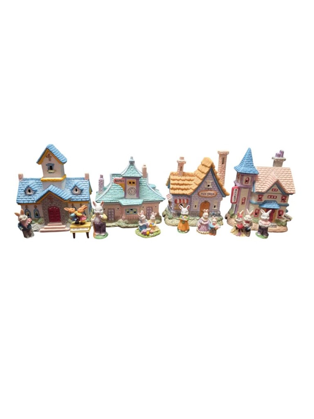Vintage 10 PC Ceramic Easter Bunny Village
